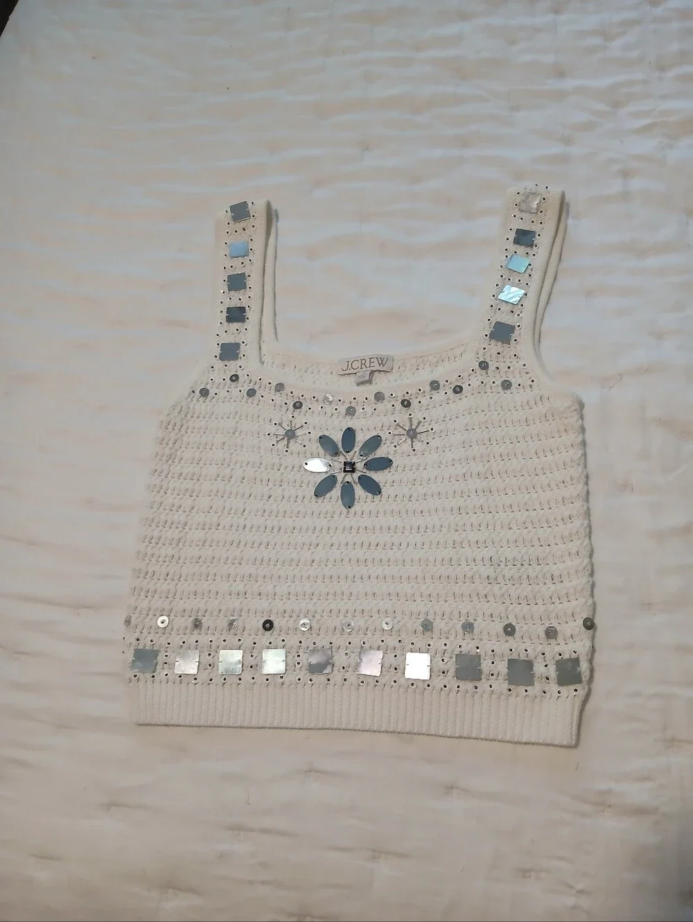 NWOT J.Crew White Embellished Crochet Sweater Tank